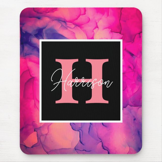 Alfombrilla De Ratón Monograma de tinta de alcohol rosa caliente para e (Frente)