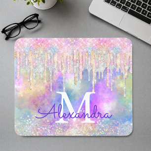 Alfombrilla De Ratón Monograma de unicornio colorido chic que gotea pur