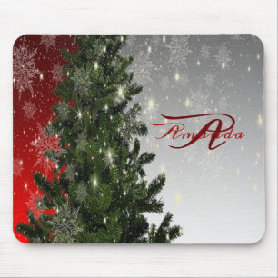 Alfombrilla De Ratón Monograma del árbol verde Rojo Plata Snowflake nav