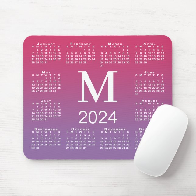 Alfombrilla De Ratón Monograma del calendario 2024 sobre degradado rosa (Con ratón)