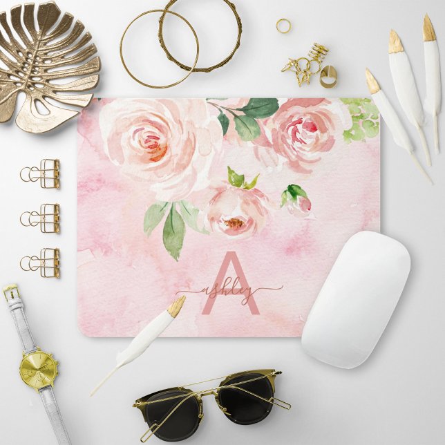 Alfombrilla De Ratón Monograma del nombre de la acuarela floral rosa de (Subido por el creador)