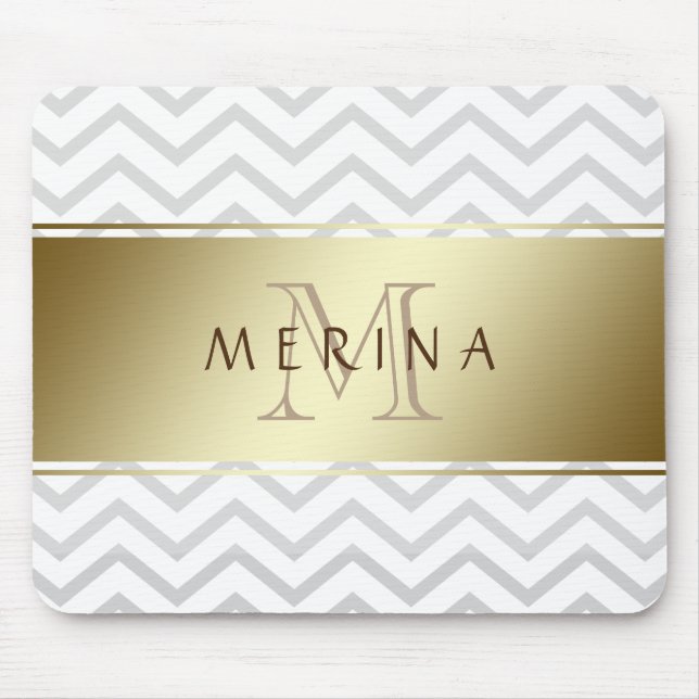 Alfombrilla De Ratón Monograma del patrón gris del cheurón de oro Perso (Frente)