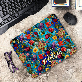 Alfombrilla De Ratón Monograma elegante azul Floral