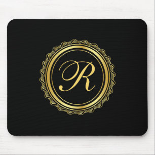 Alfombrilla De Ratón Monograma elegante de oro y medallón negro