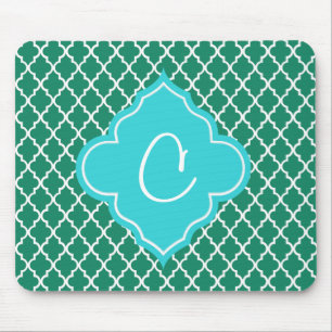 Alfombrilla De Ratón Monograma elegante de quatrefoil verde y verde azu