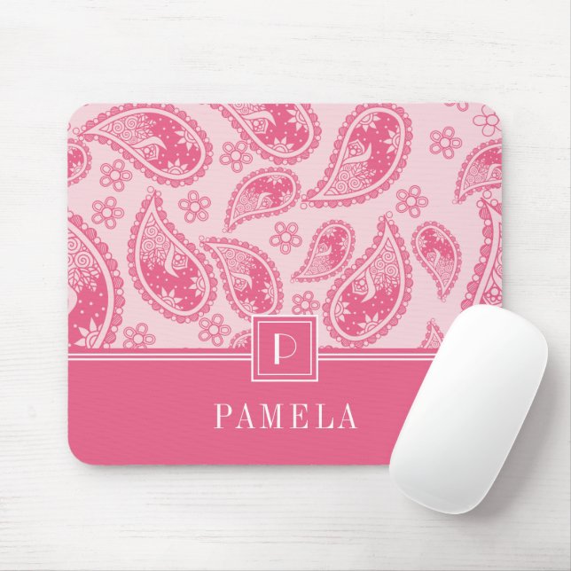 Alfombrilla De Ratón Monograma elegante del patrón de paisley rosa retr (Con ratón)