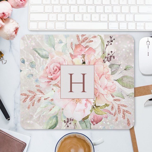 Alfombrilla De Ratón Monograma Elegante Rosa Rosa Rosa Peony Marble Flo (In situ)
