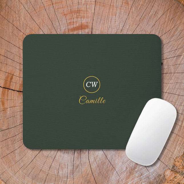Alfombrilla De Ratón Monograma estilo oro y verde forestal (Monogram Stylish Gold & Forest Green Mouse Pad)