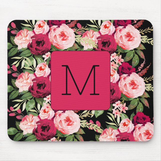 Alfombrilla De Ratón Monograma femenino bonito floral negro y rosa (Frente)