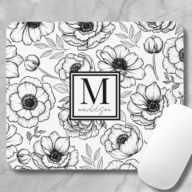 Alfombrilla De Ratón Monograma femenino personalizado de patrón floral (Personalized Feminine Floral Pattern Mouse Pad)
