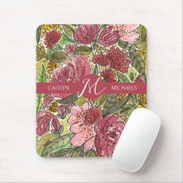 Alfombrilla De Ratón Monograma floral de color de agua rosa con nombre