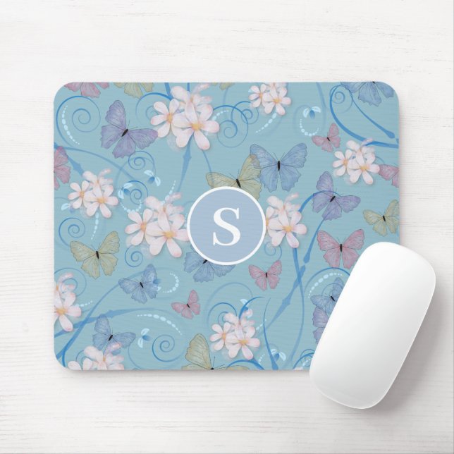 Alfombrilla De Ratón Monograma floral de mariposa azul Mousepad (Con ratón)