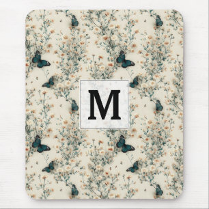 Alfombrilla De Ratón Monograma Floral de Mariposa Azul Vintage