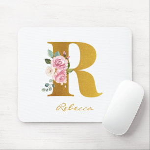 Alfombrilla De Ratón Monograma Floral Falso Nombre Personalizado en Oro