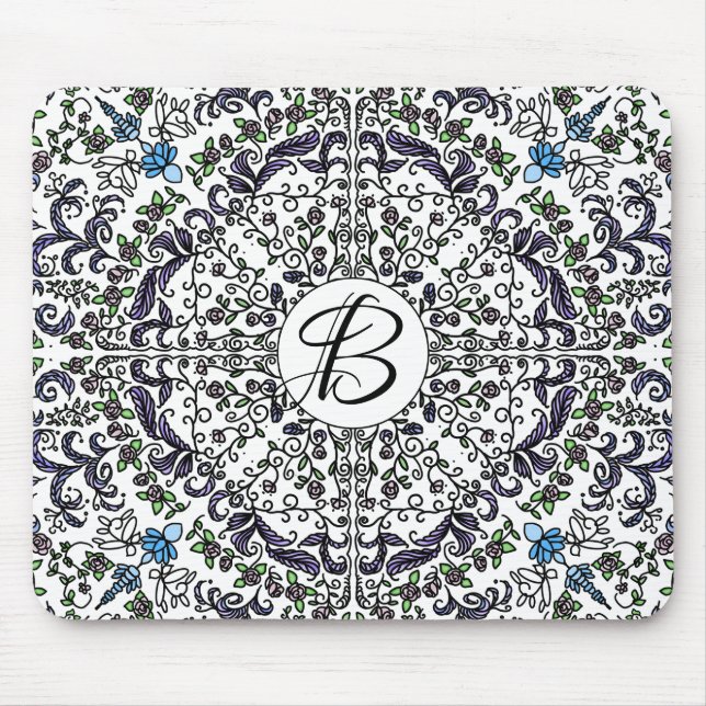 Alfombrilla De Ratón Monograma floral intrincado de rapsodia bohemita (Frente)