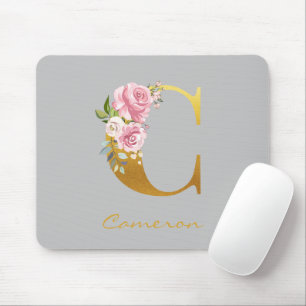 Alfombrilla De Ratón Monograma Floral Nombre Inicial Dorado Personaliza
