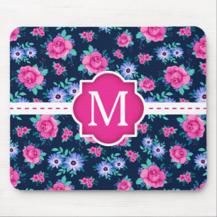 Alfombrilla De Ratón Monograma floral rosado del personalizado del