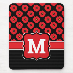 Alfombrilla De Ratón Monograma floral Shabby Chic Red and Black Poppies