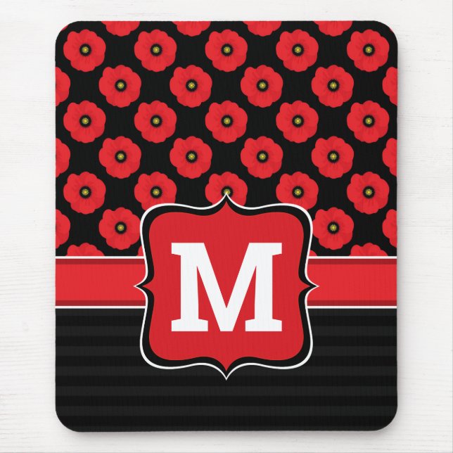 Alfombrilla De Ratón Monograma floral Shabby Chic Red and Black Poppies (Frente)