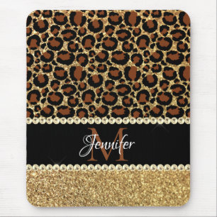 Alfombrilla De Ratón Monograma Glam Leopard Brillante Dorado Glamour Fe