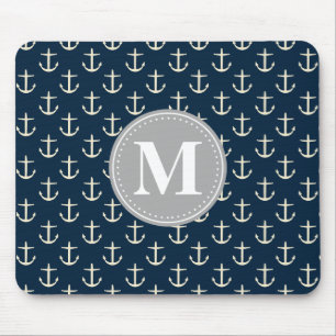 Alfombrilla De Ratón Monograma gris de patrón de ancla azul de la marin