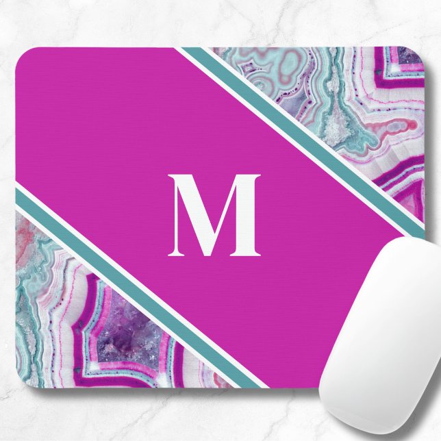 Alfombrilla De Ratón Monograma inicial de agregación elegante (Girly Teal Purple Agate Stone Initial Monogram Mouse Pad)