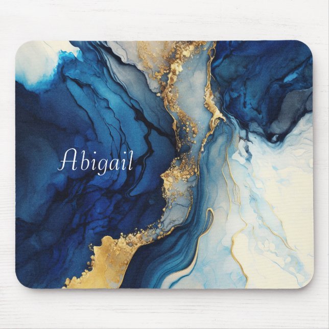 Alfombrilla De Ratón Monograma Marina Blue Gold Agate Marble acuarela (Frente)