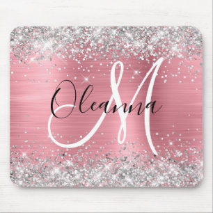 Alfombrilla De Ratón Monograma moderno con brillo plateado y ombre rosa