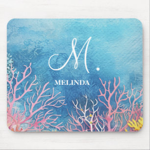 Alfombrilla De Ratón Monograma moderno del motivo del mar azul