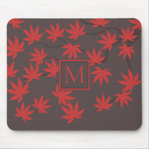 Alfombrilla De Ratón Monograma moderno hoja de arce roja gris