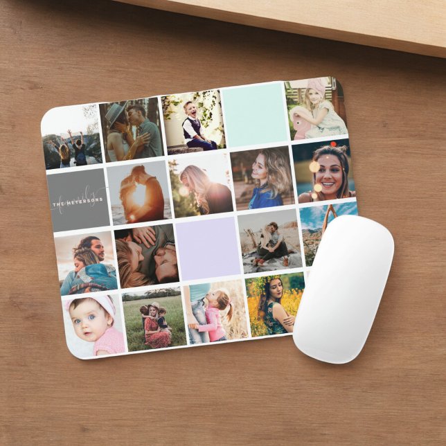 Alfombrilla De Ratón Monograma moderno para tu familia 16 fotocollage (Modern monogram your family 16 photo collage grid mouse pad)