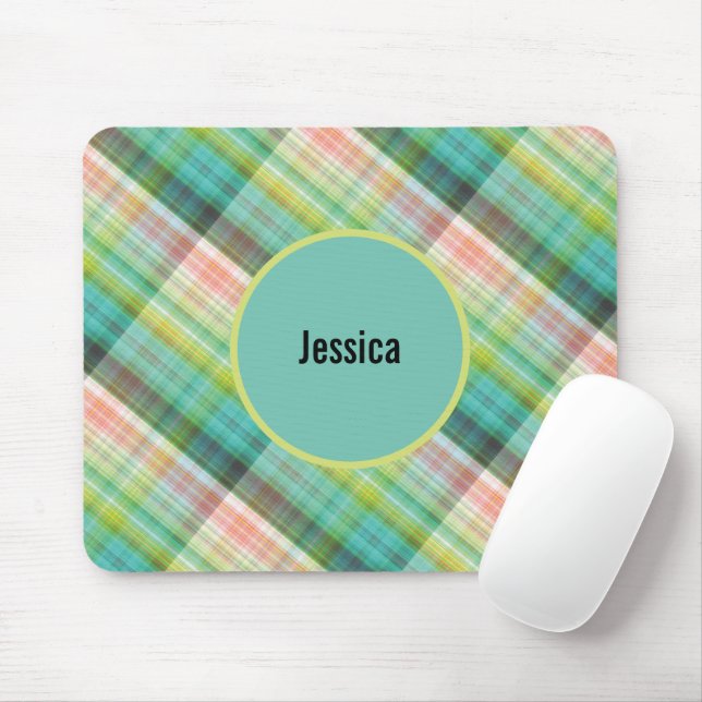 Alfombrilla De Ratón Monograma moderno Tartán Green Tan Plaid (Con ratón)