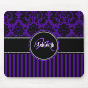 Alfombrilla De Ratón Monograma Morado Black Stripe Damask Mousepad