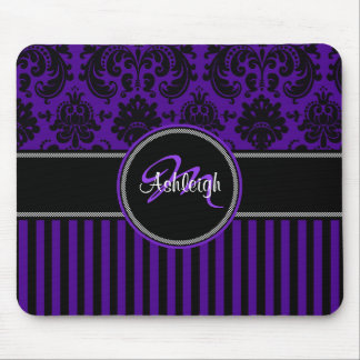 Alfombrilla De Ratón Monograma Morado Black Stripe Damask Mousepad