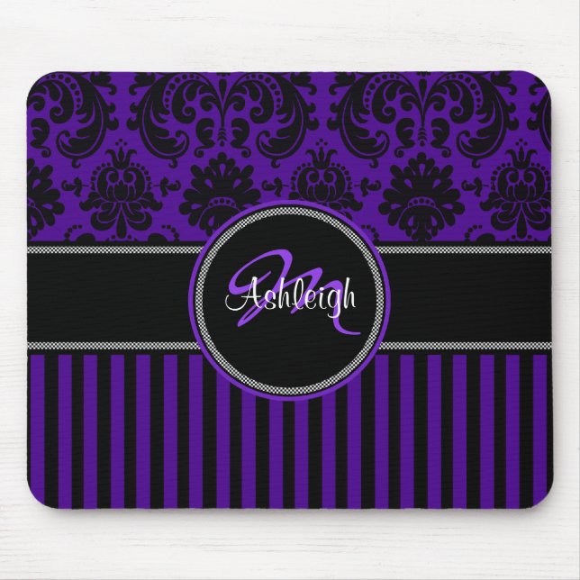 Alfombrilla De Ratón Monograma Morado Black Stripe Damask Mousepad (Frente)