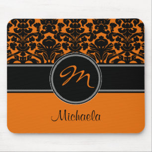 Alfombrilla De Ratón Monograma Naranja Negro Damask Mousepad blanco