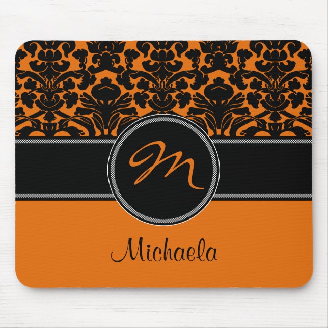 Alfombrilla De Ratón Monograma Naranja Negro Damask Mousepad blanco (Frente)