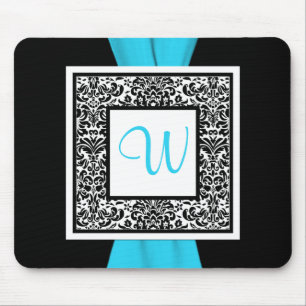 Alfombrilla De Ratón Monograma Negro, Azul, Blanco Damasco Mousepad