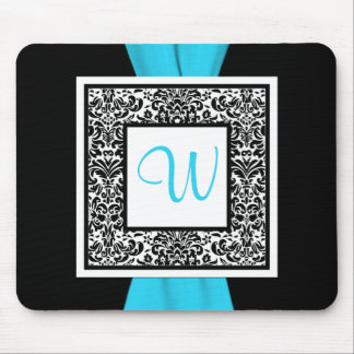Alfombrilla De Ratón Monograma Negro, Azul, Blanco Damasco Mousepad