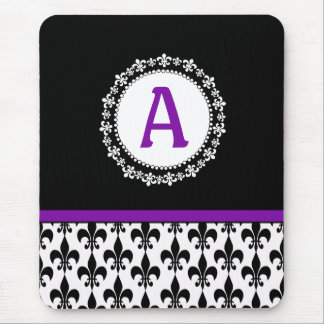 Alfombrilla De Ratón Monograma negro púrpura Fleur de Lis