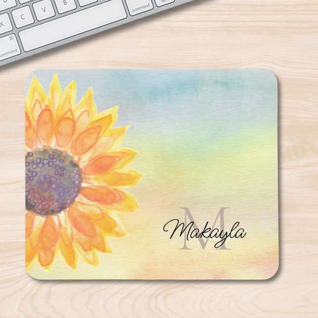 Alfombrilla De Ratón Monograma Nombre Acuarela Girasol (Subido por el creador)