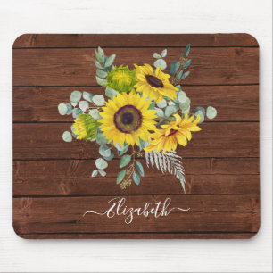 Alfombrilla De Ratón Monograma Nombre Crepúsculo Madera Rústica Girasol