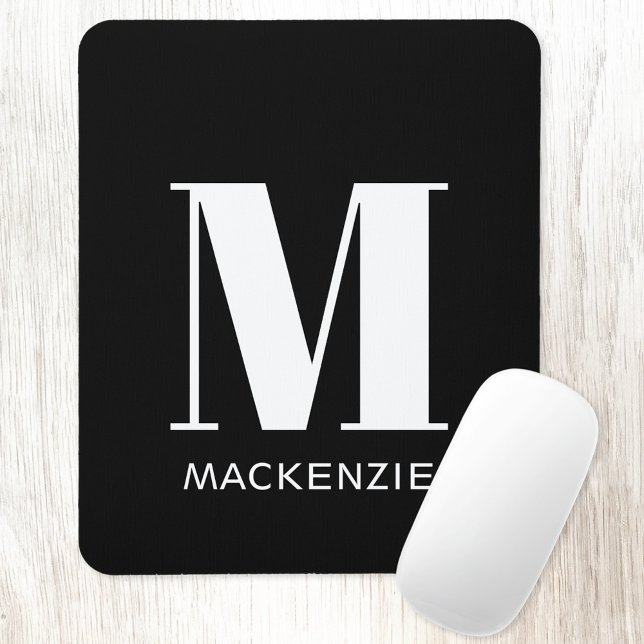 Alfombrilla De Ratón Monograma Nombre inicial simple (Personalized monogram initial name white on black mousemat)