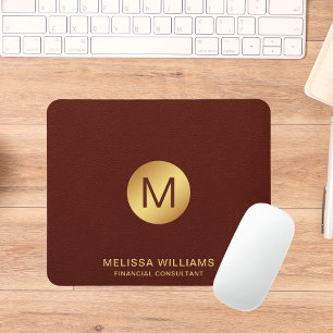 Alfombrilla De Ratón Monograma Nombre Moda Clásico Faux Red Leather & G