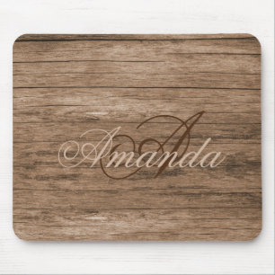 Alfombrilla De Ratón Monograma Nombre Patrón de madera Vintage elegante