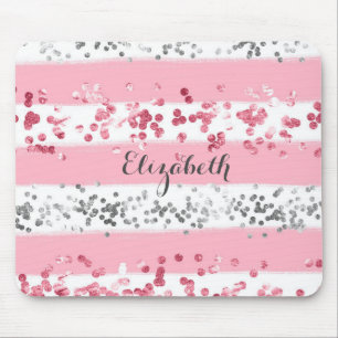 Alfombrilla De Ratón Monograma Nombre Rosa Blanco Gris Brillo Femenino