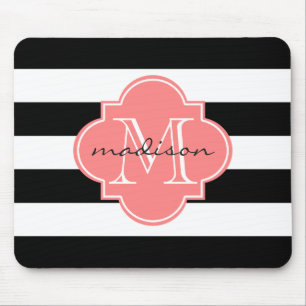 Alfombrilla De Ratón Monograma Personalizado de franjas náuticas negras