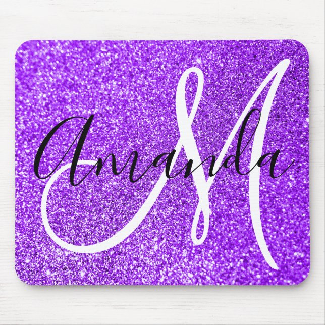 Alfombrilla De Ratón Monograma personalizado de Purpurina violeta púrpu (Frente)