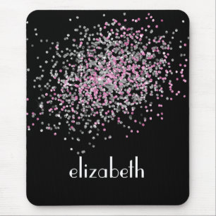 Alfombrilla De Ratón Monograma Personalizado Negro Rosa Brillo Plateado