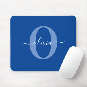 Alfombrilla De Ratón Monograma personalizado Nombre de guión Azul Blanc